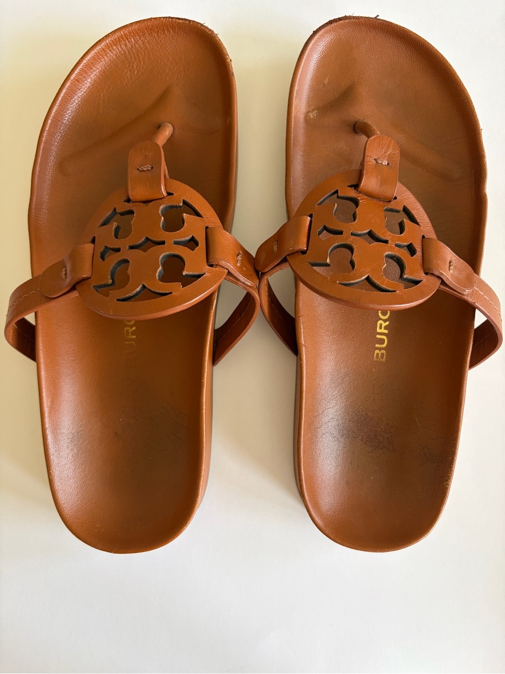 Tory Burch Miller cloud Cognac Leather Cutout Medallion Toe-Post Sandals 61/2